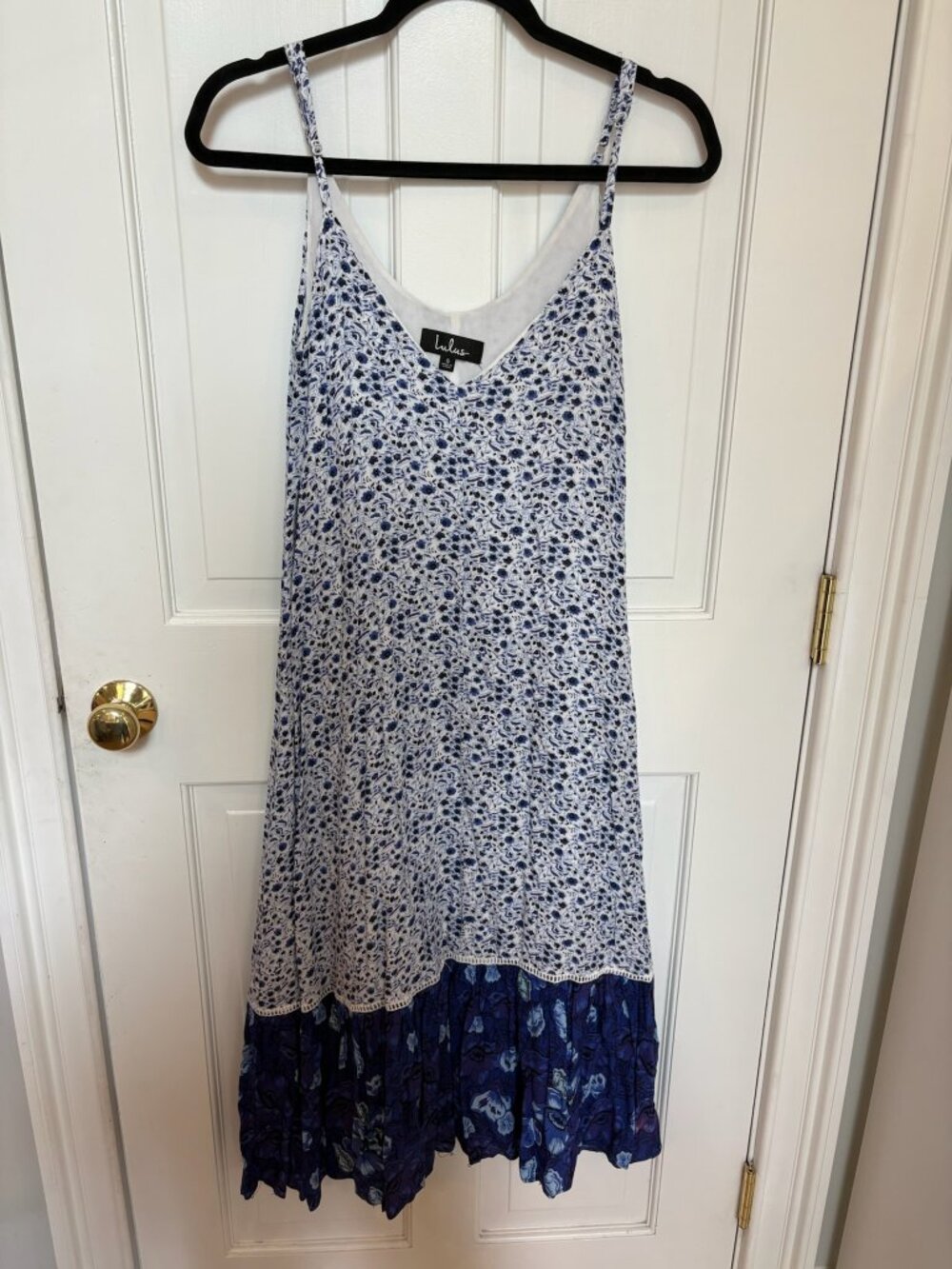 Lulus Blue Floral Print Crochet-Trimmed V-Neck Midi Slip Dress